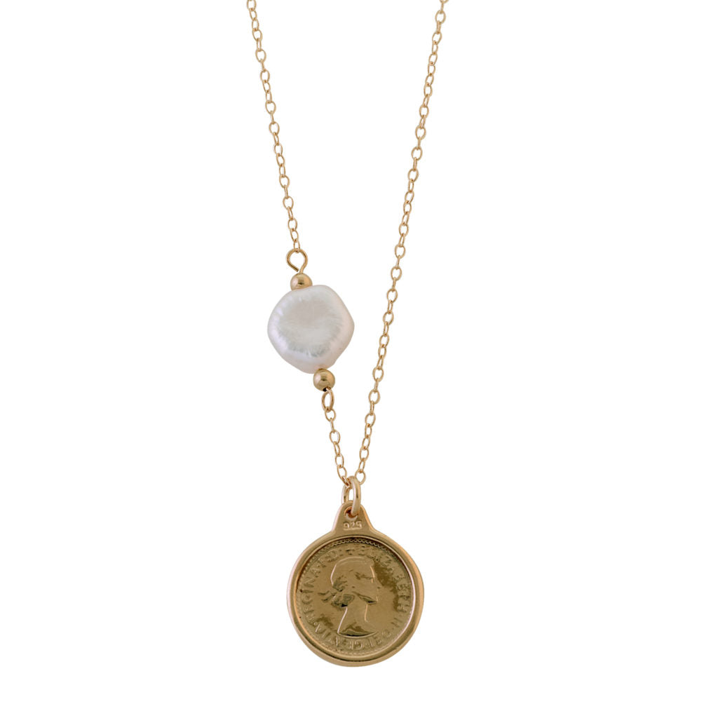 Threepence Necklace With Keshi Pearl Yellow Gold